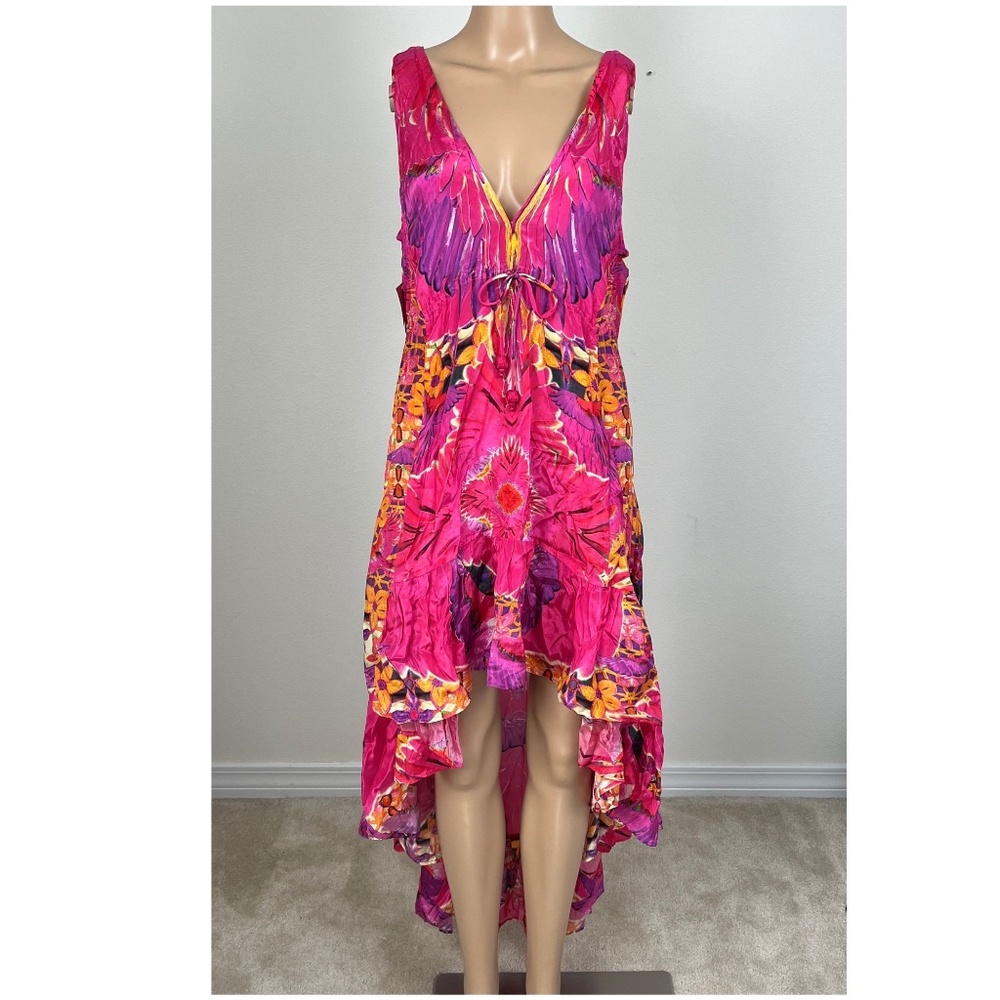 NWT Shahida Parides Hot Pink Tropical/Floral Hi Low Asymmetrical MaxiSummerDress